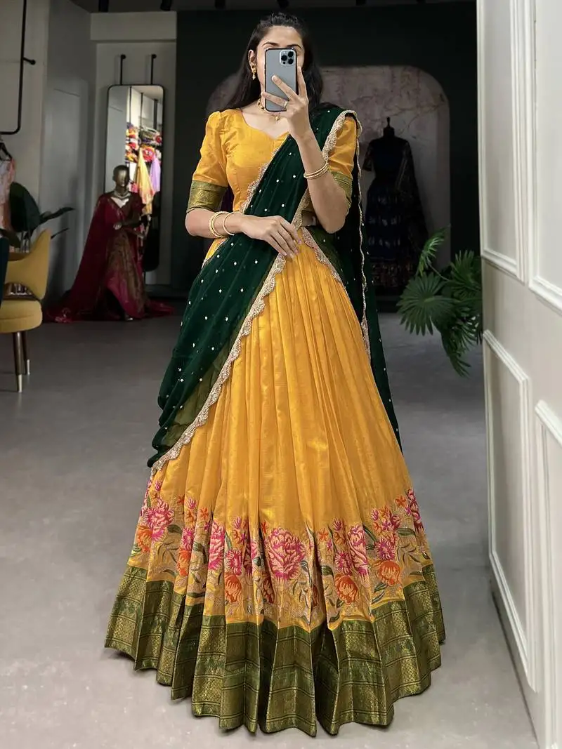 Mustard yellow floral embroidered cotton half saree lehenga