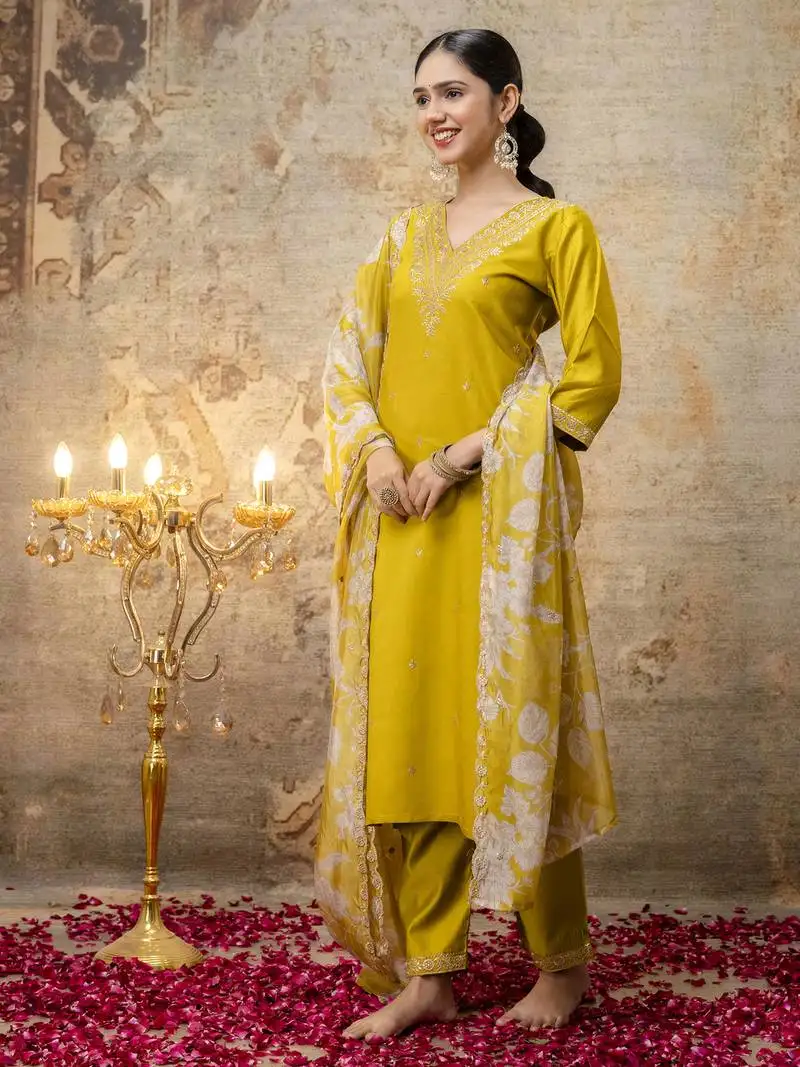 Yellow color viscose rayon fabric partywear readymade salwar kameez for trendy looks