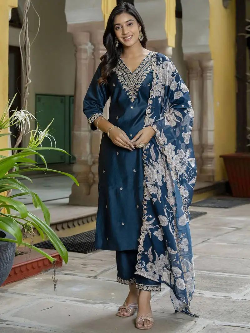 Teal blue color viscose rayon fabric partywear readymade salwar kameez for trendy looks