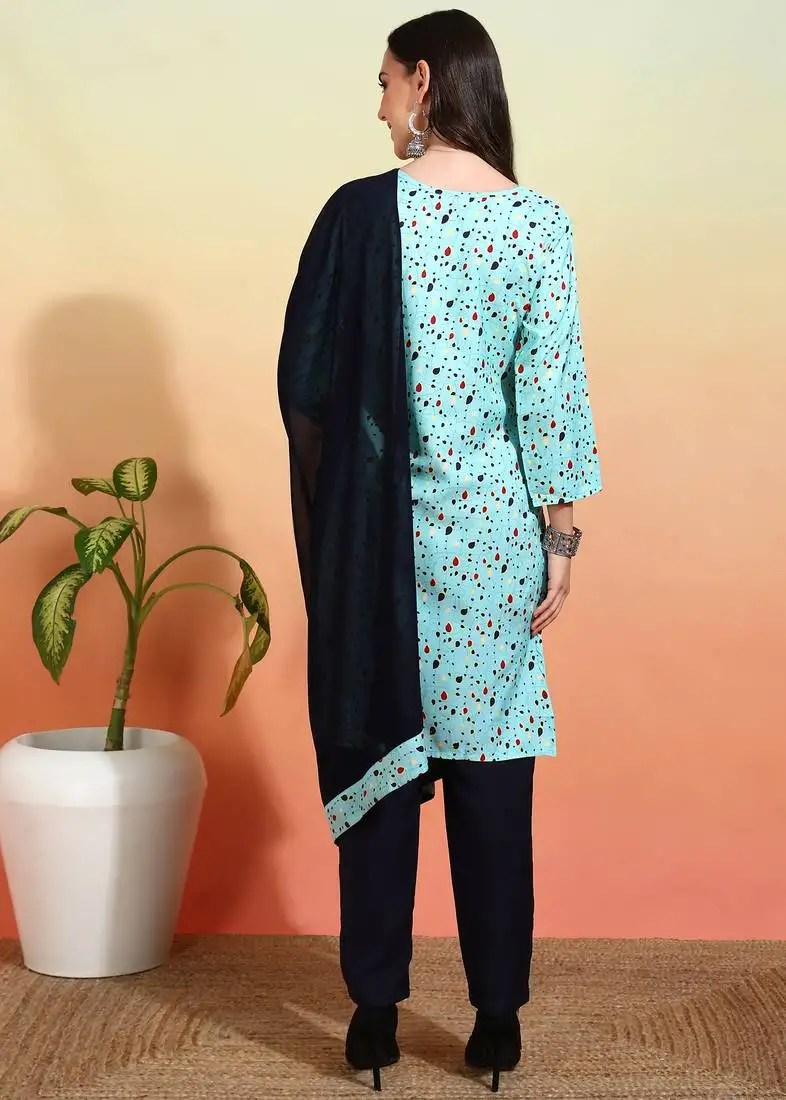 Elegant sky blue crepe fabric designer printed festive salwar kameez stitched