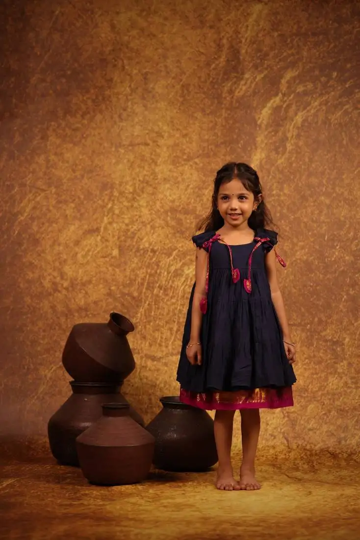 Blue cotton tiered gathered dress for girls