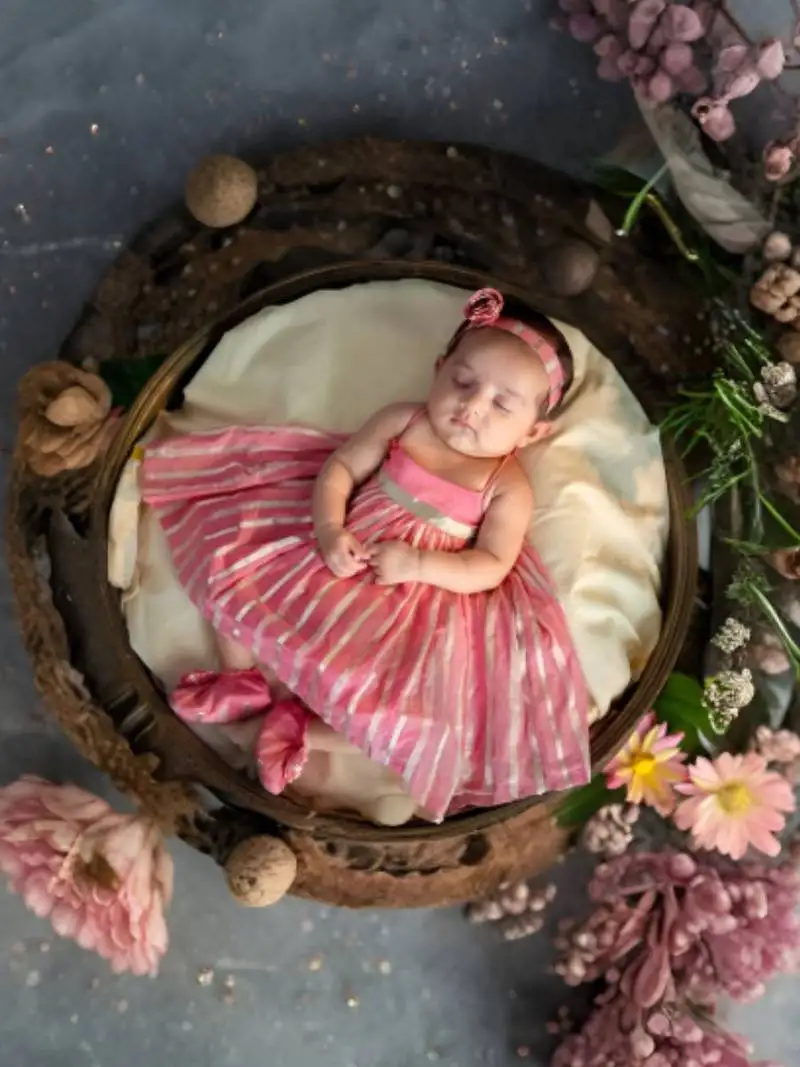 Pink handloom infant striped frock headband and shoes for kids