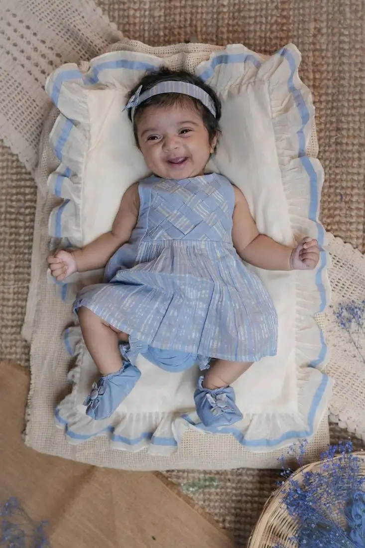 Blue infant handloom sleeveless a line dress shoes and headband for kids