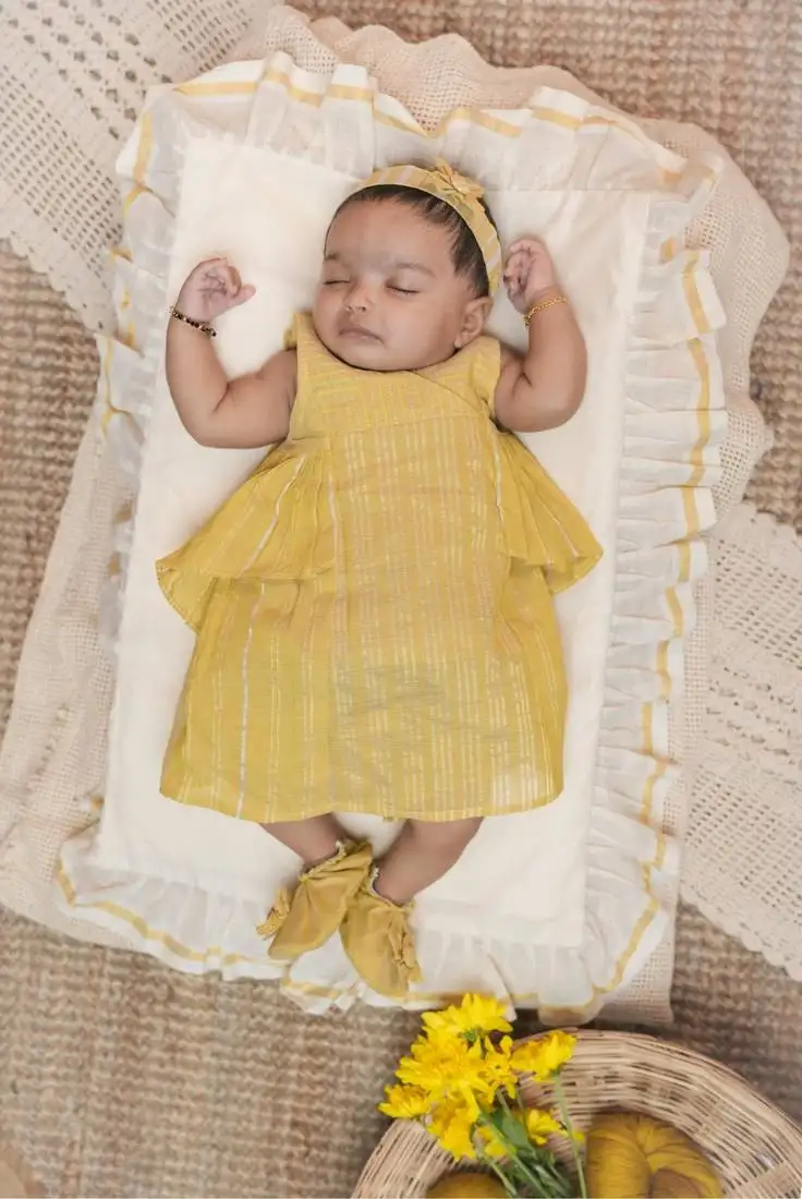Yellow infant sliver stripe dress handloom sleeveless with shoes and headband for kids