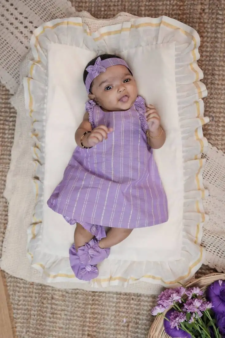 Purple infant handloom a line sleeveless dress heaband and shoes for kids