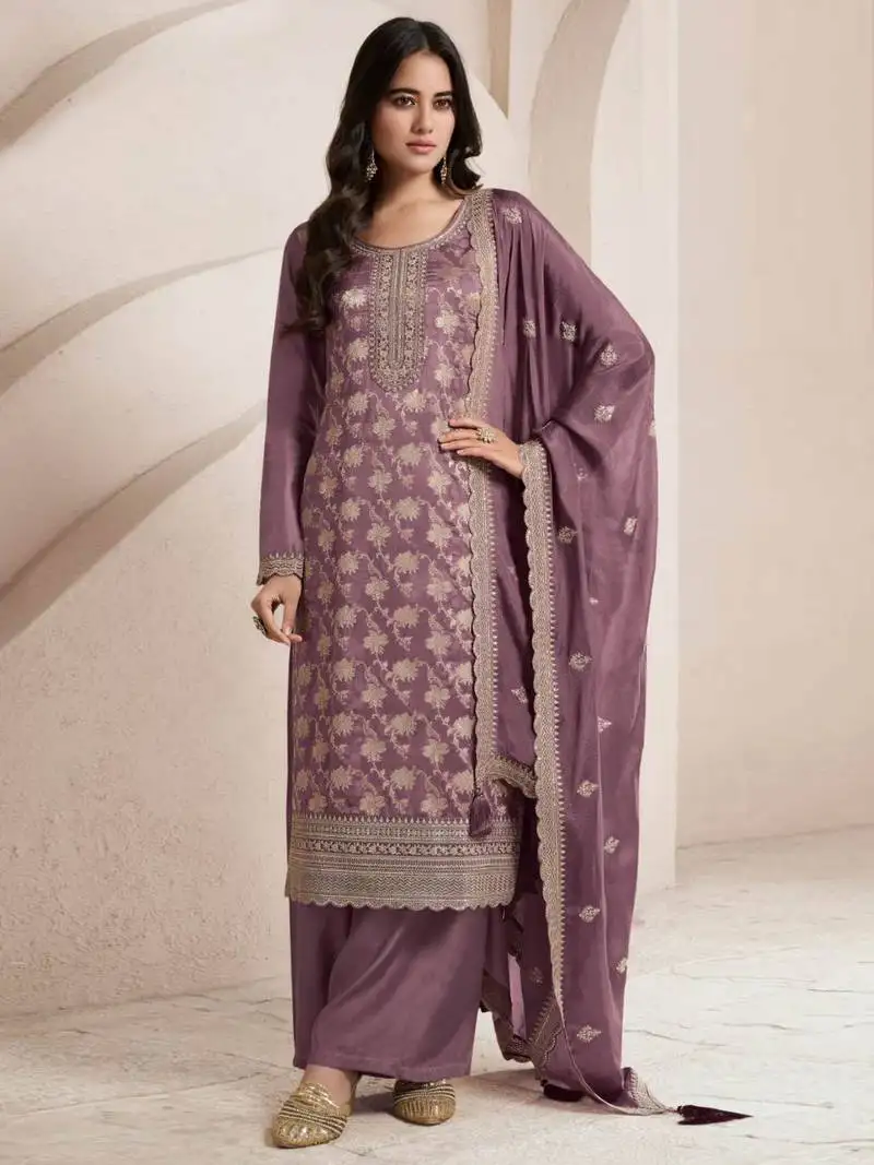 Purple embroidered jacquard semi-pakistani salwar suit semi stitched