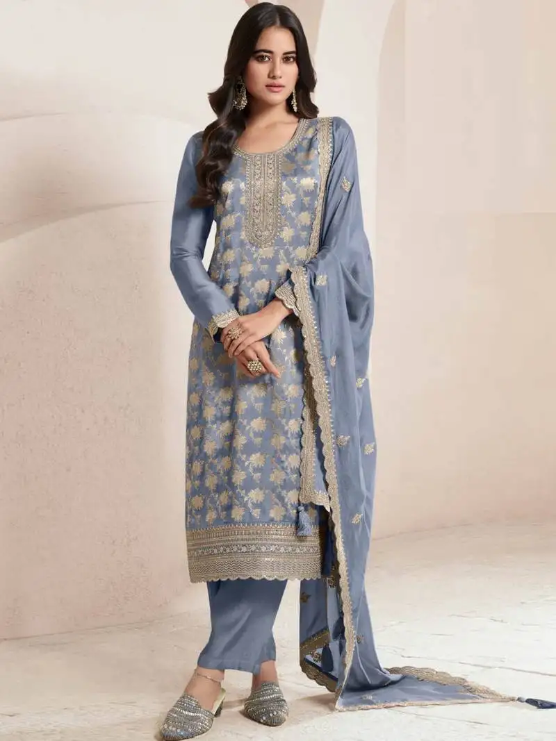 Grey embroidered jacquard semi-pakistani salwar suit semi stitched