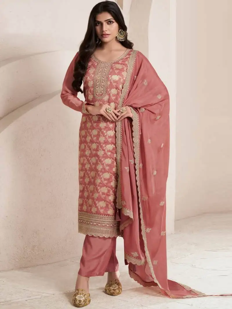Peach embroidered jacquard semi-pakistani salwar suit semi stitched
