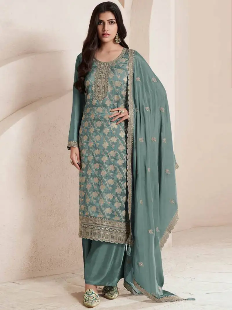 Green embroidered jacquard semi-pakistani salwar suit semi stitched