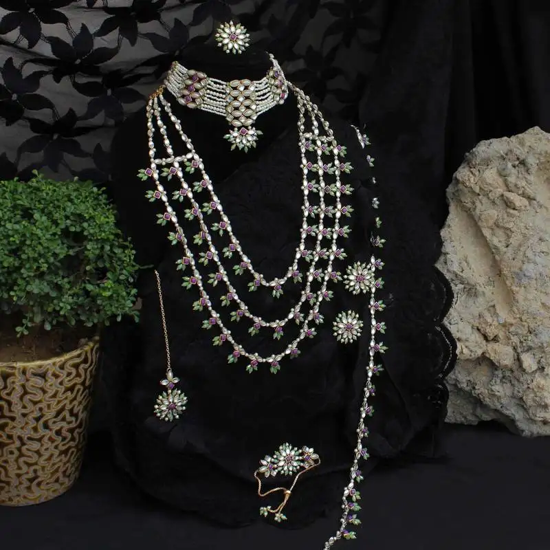 Pearl twirl full set with long necklace, choker, earrings, maangtikka, bracelet, ring & waistbelt