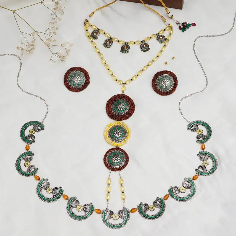 Multi-stranded bohemian jewelry set with circular charms