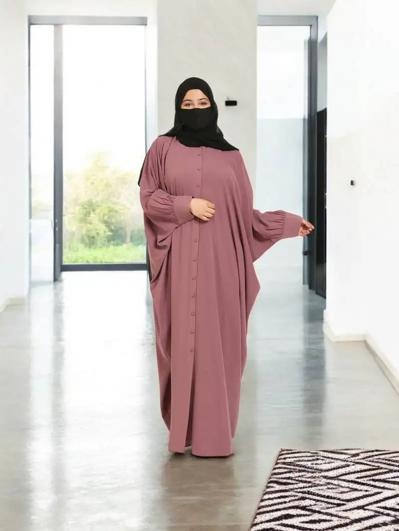 Pink front open kaftan abaya with matching buttons