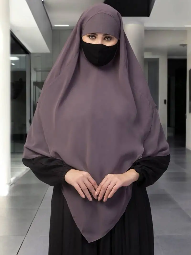 Grey multi layered triangular instant hijabkhimar in georgette