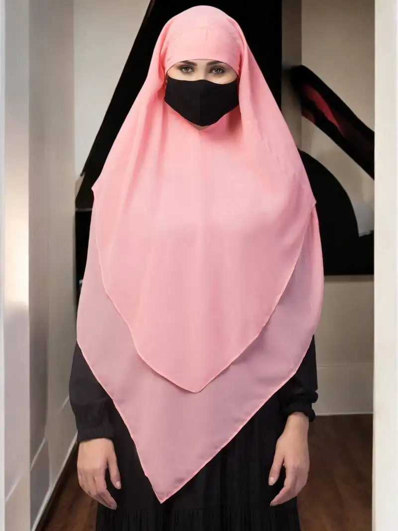 Pink multi layered triangular instant hijabkhimar in georgette