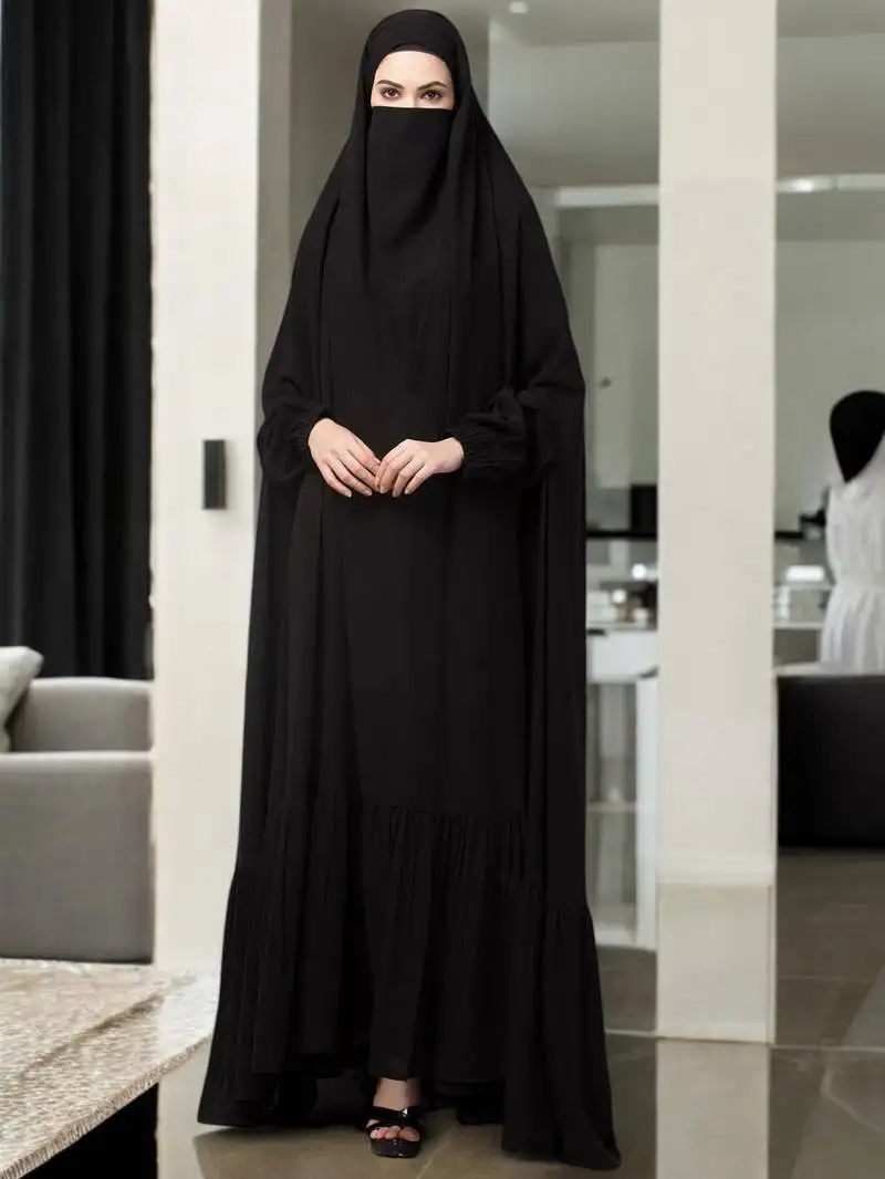 Black very loose fit full length single piece jilbab with adjustable mouthpiece