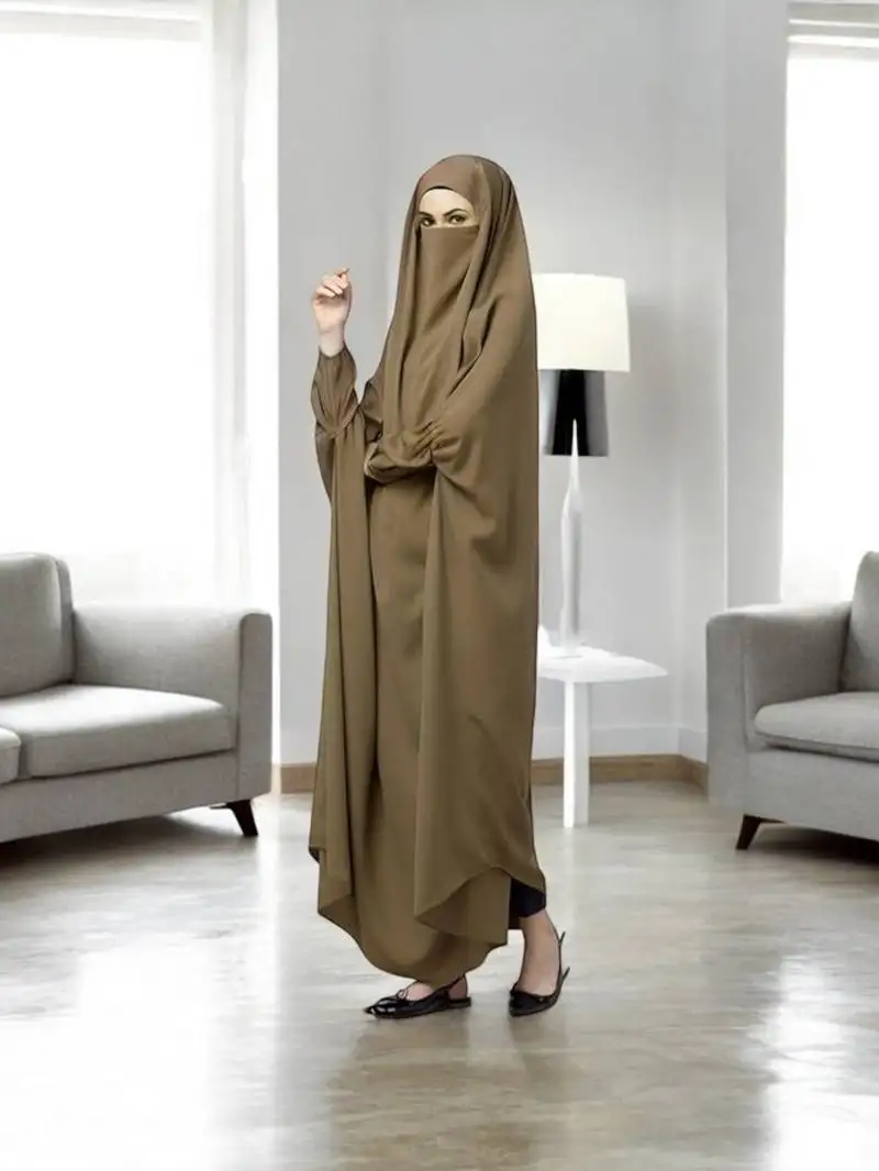 Dark-olive full length single piece jilbab with adjustable mouthpiece