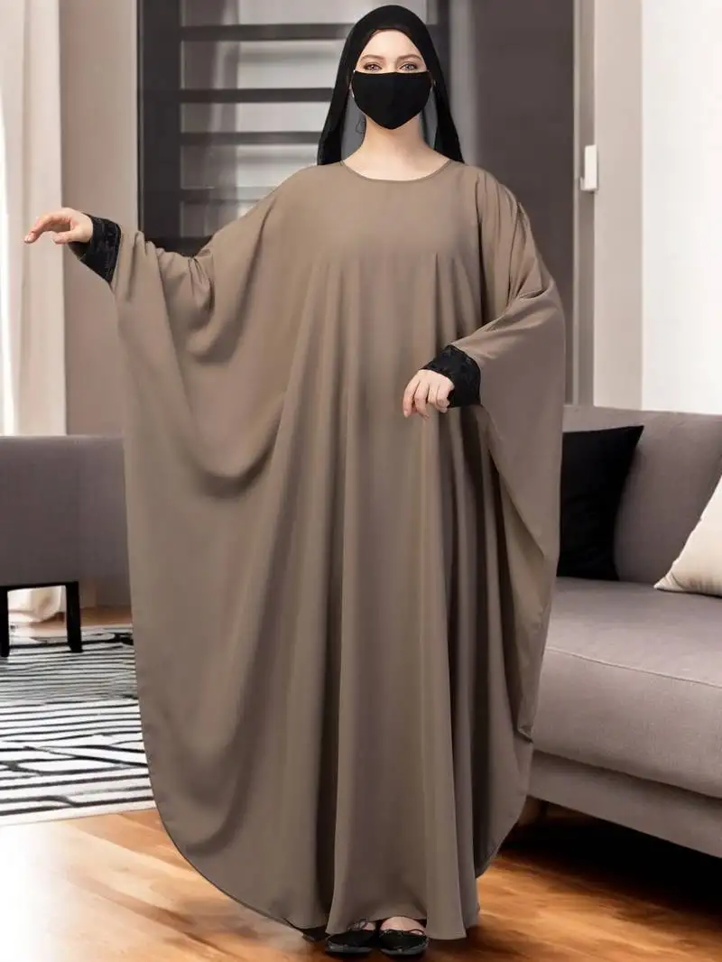 Dark-olive free size kaftan abaya with lacework.