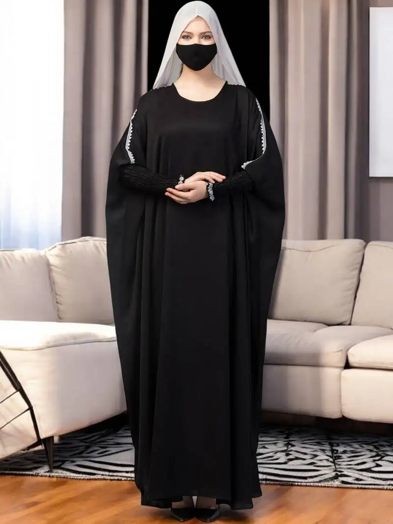 Dark-olive free size kaftan burqa with long elasticated sleeves.