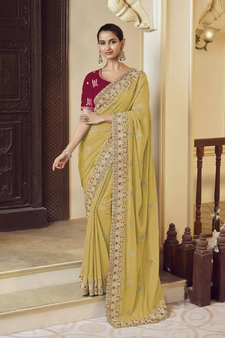 Yellow georgette party wear saree with blouse fabric