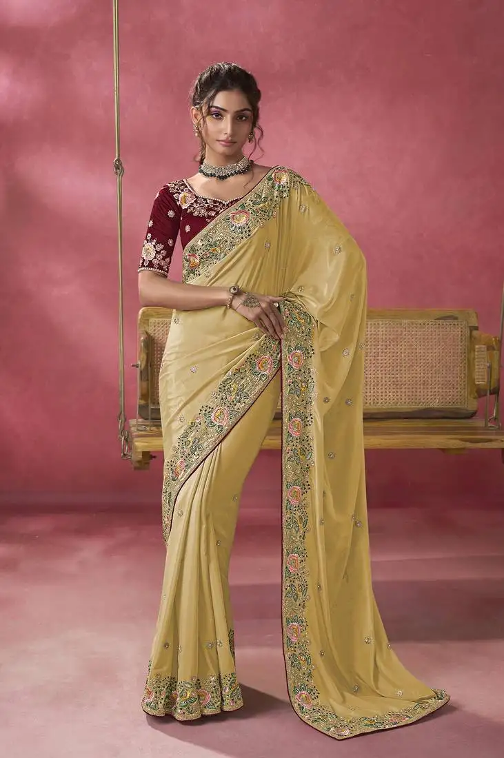 Yellow ice georgette party wear saree with blouse fabric