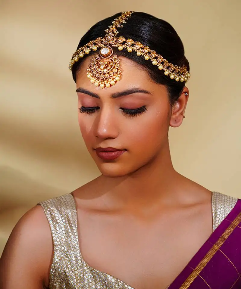 Gold kundan polki two tone finish mathapatti