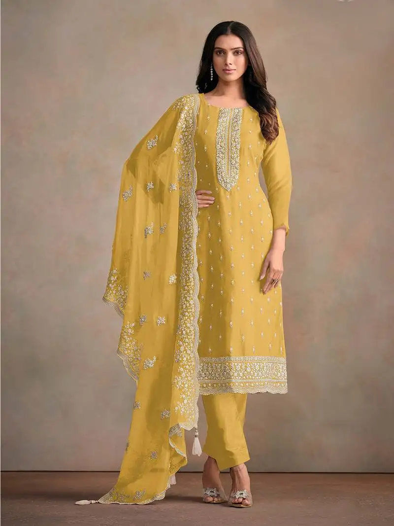 Yellow embroidered sequins resham zari work organza salwar kameez semi stitched