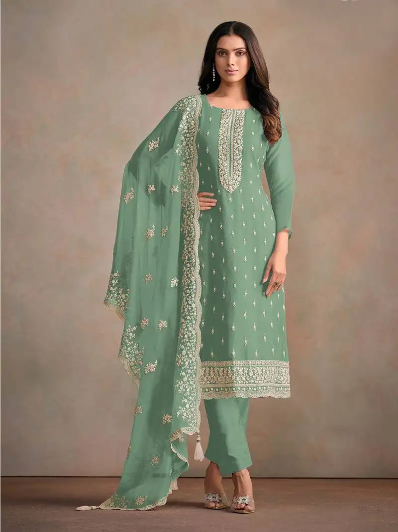 Green embroidered sequins resham zari work organza salwar kameez semi stitched