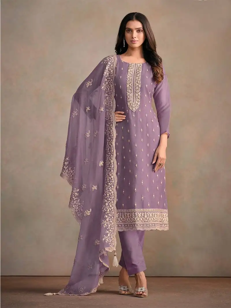 Purple embroidered sequins resham zari work organza salwar kameez semi stitched