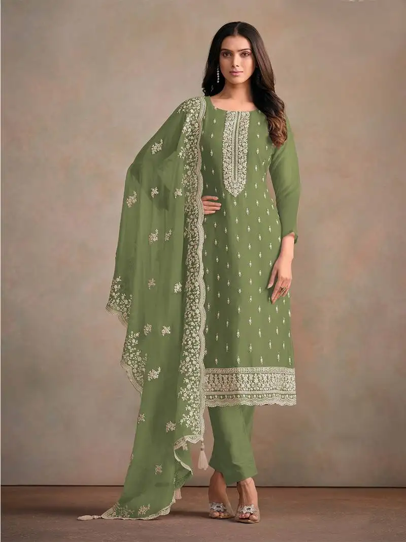 Mehendi green embroidered sequins resham zari work organza salwar kameez semi stitched