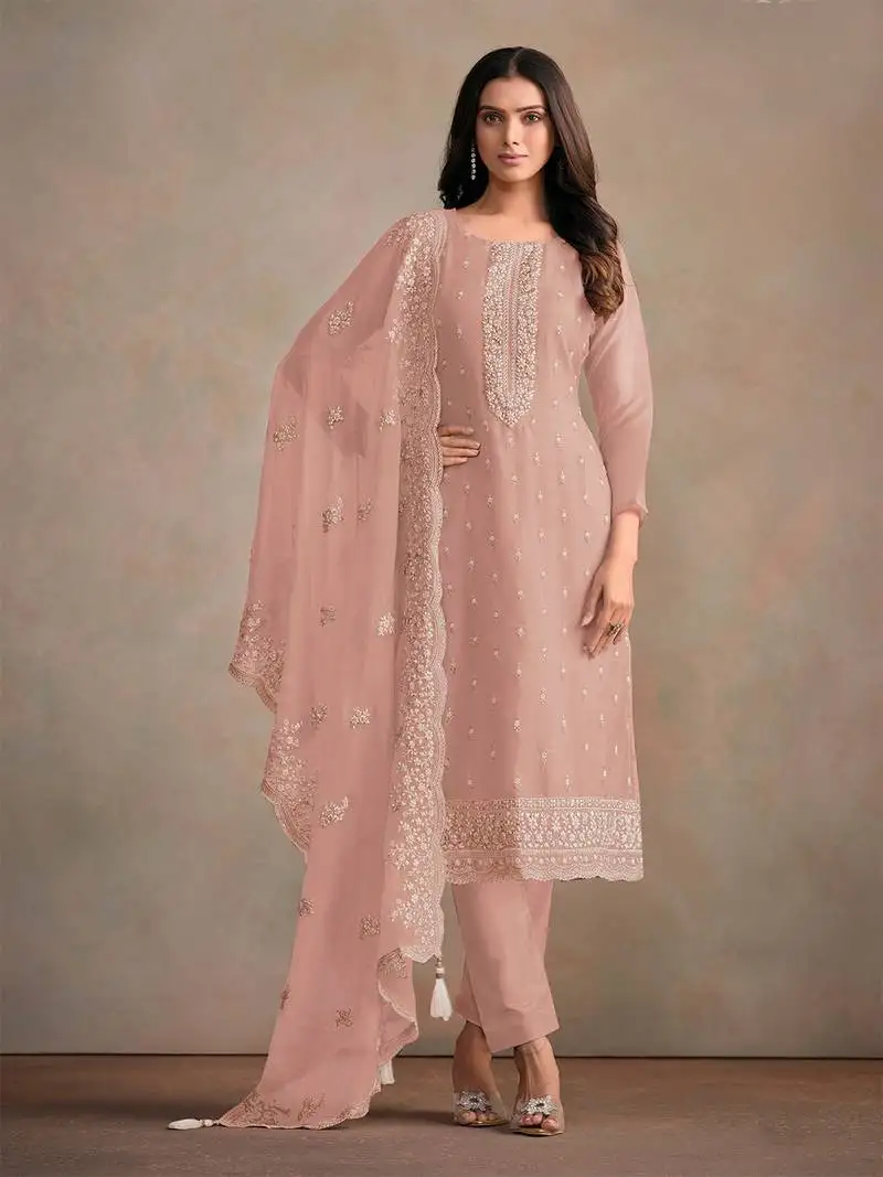 Peach embroidered sequins resham zari work organza salwar kameez semi stitched