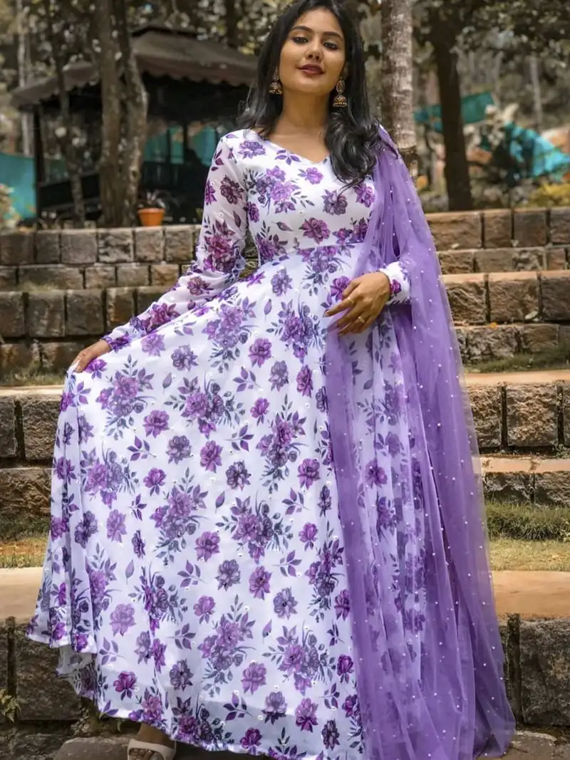 White digital print pearl georgette anarkali suit stitched