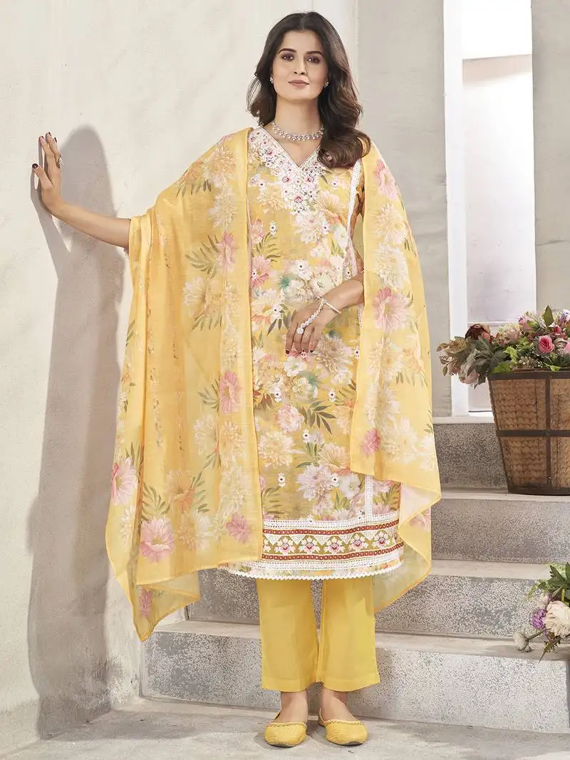 Yellow resham zari sequins floral print linen cotton salwar kameez stitched