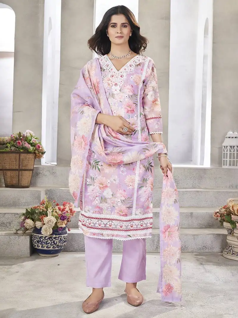 Lavender resham zari sequins floral print linen cotton salwar kameez stitched