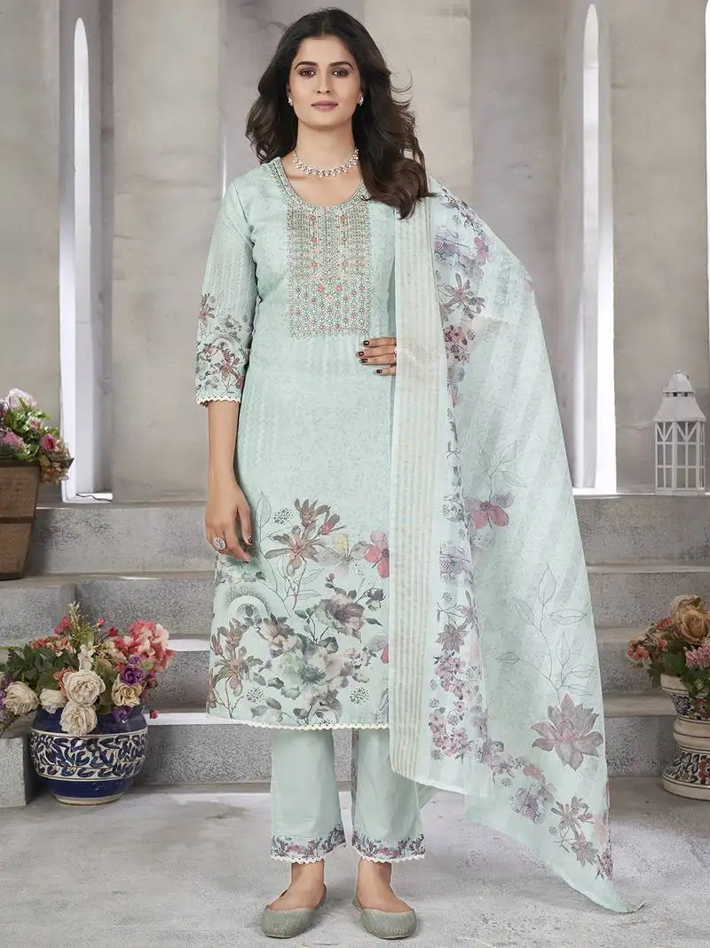 Pista green resham zari sequins floral print linen cotton salwar kameez stitched