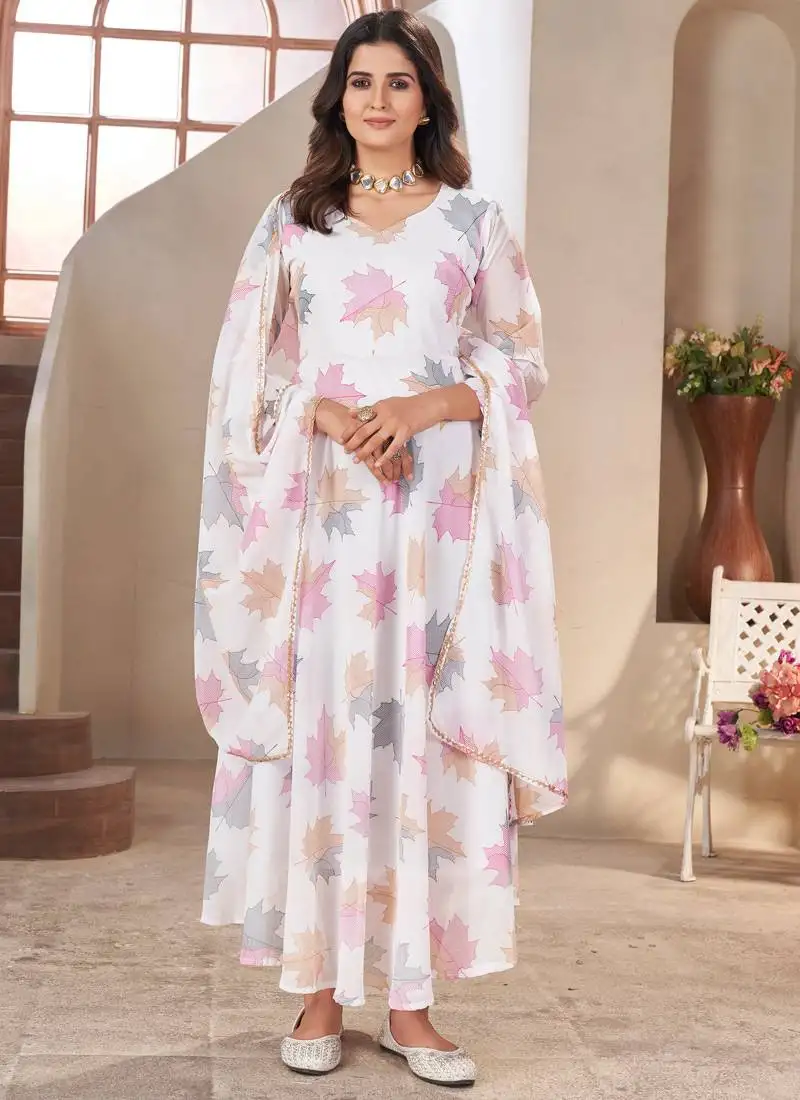 White printed georgette anarkali suit stitched