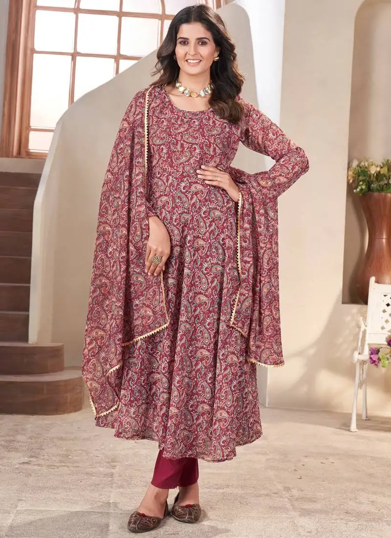 Maroon printed georgette anarkali suit stitched