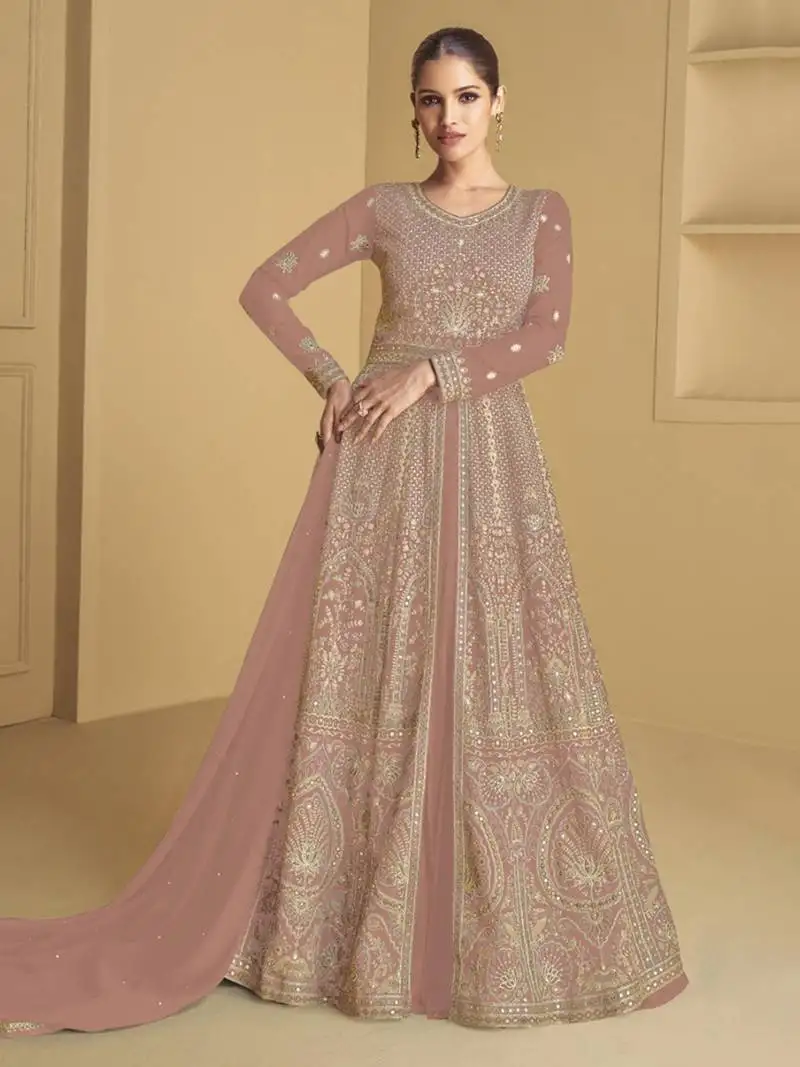 Peach embroidered sequins georgette anarkali suit semi stitched