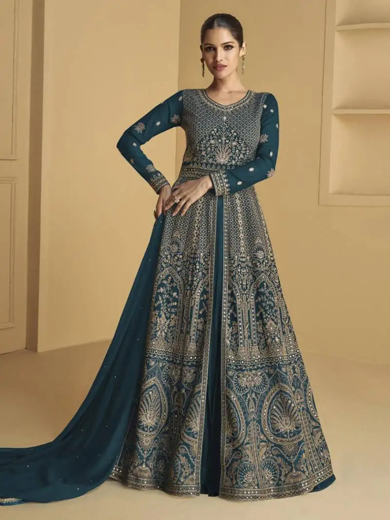 Teal blue embroidered sequins georgette anarkali suit semi stitched
