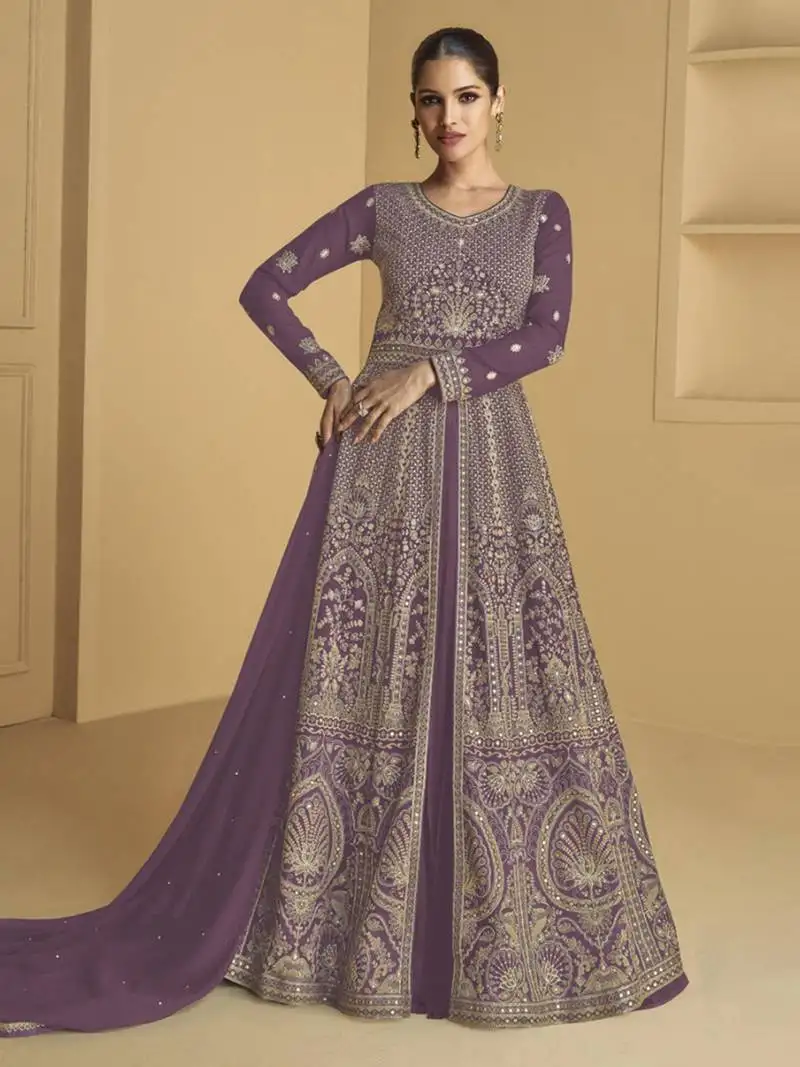 Purple embroidered sequins georgette anarkali suit semi stitched