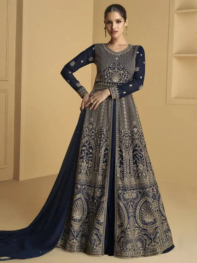 Navy blue embroidered sequins georgette anarkali suit semi stitched
