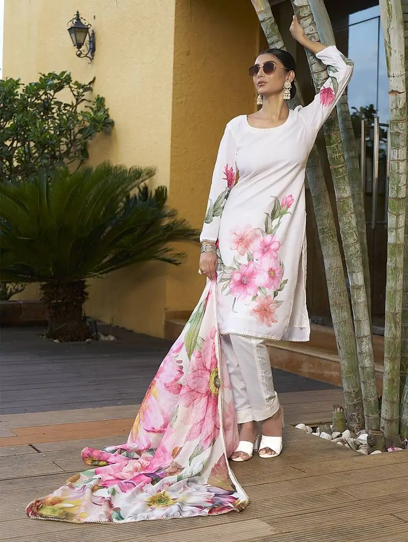 Off white digital print diamonds lace muslin salwar kameez semi stitched