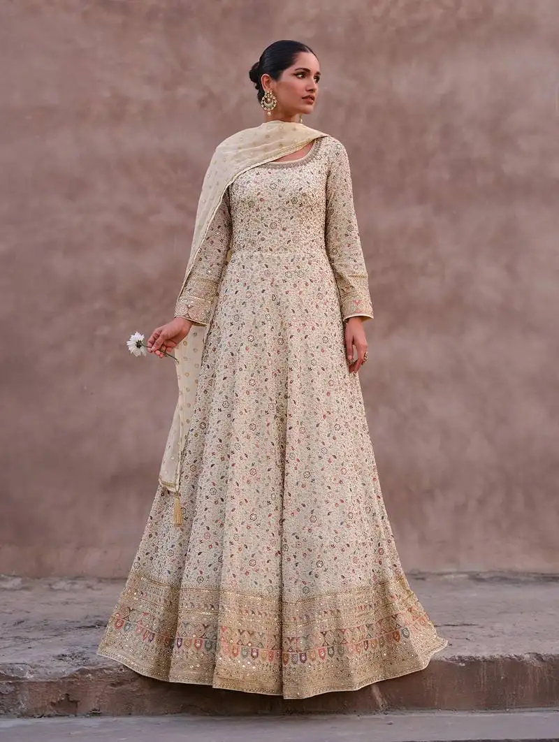 Cream resham zari sequins georgette anarkali suits semi stitched