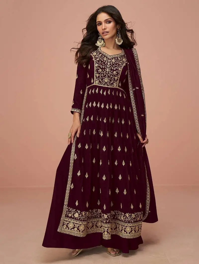 Maroon embroidered & sequins zari vichitra silk palazzo semi stitched