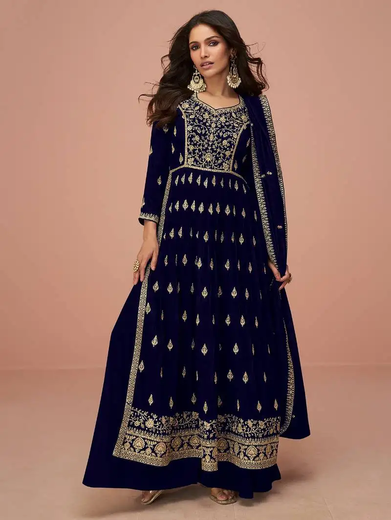 Blue embroidered & sequins zari vichitra silk palazzo semi stitched