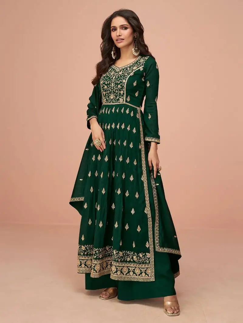 Green embroidered & sequins zari vichitra silk palazzo semi stitched