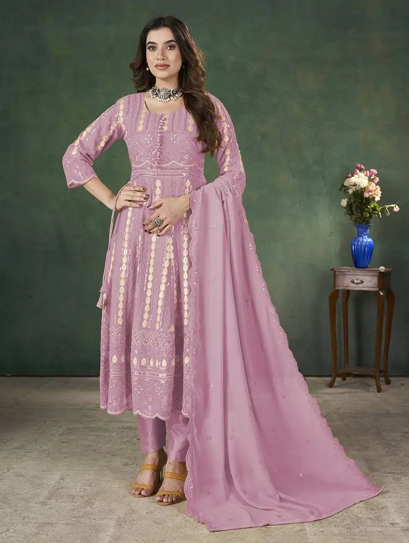 Pink lakhnavi sequins zari resham georgette anarkali suit semi stitched