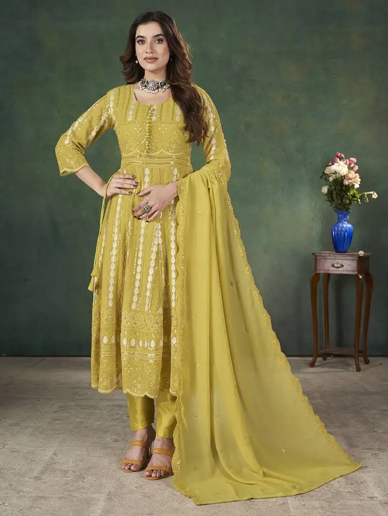 Yellow lakhnavi sequins zari resham georgette anarkali suit semi stitched