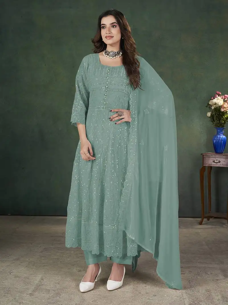 Firozi lakhnavi sequins zari resham georgette anarkali suit semi stitched