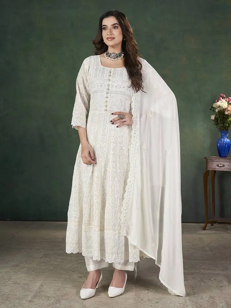 White lakhnavi sequins zari resham georgette anarkali suit semi stitched