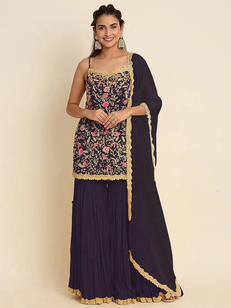 Dark purple embroidered resham zari sequins georgette sharara suit semi stitched